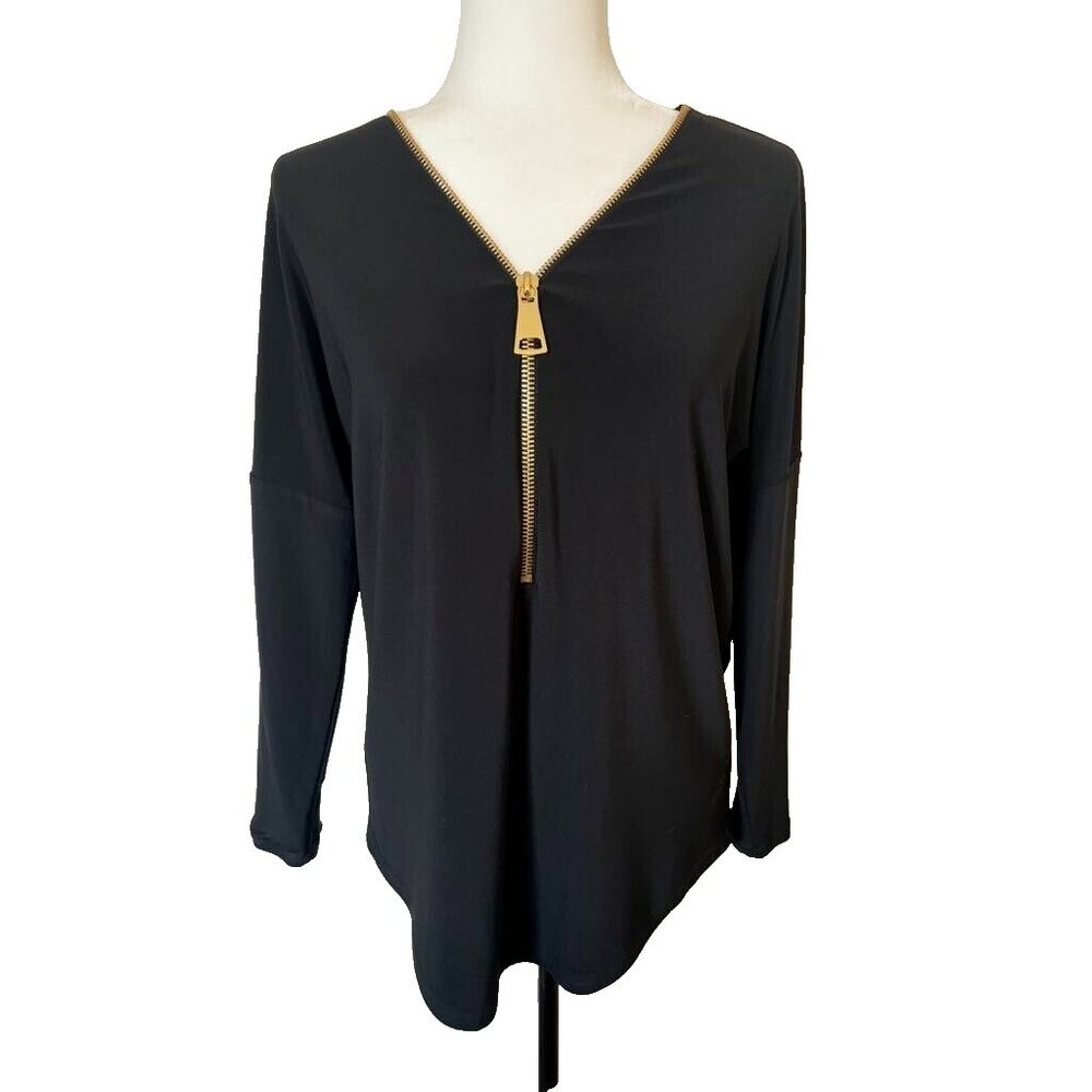 JOSEPH RIBKOFF Long Sleeve Top Size 8 Black Partial Front Gold Zipper Neckline